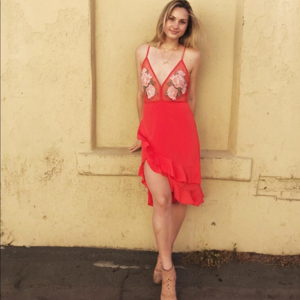 Floral Appliqué Red Ruffle Slip Dress